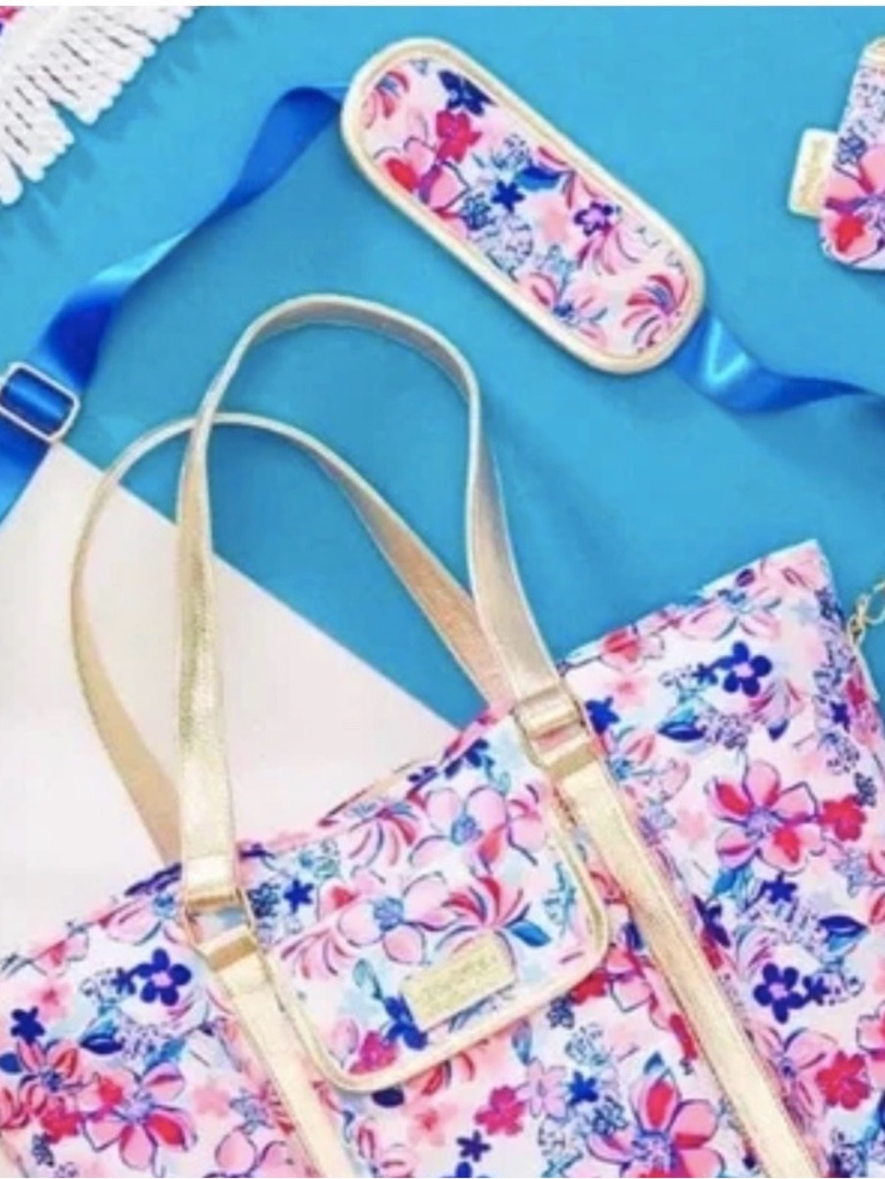 Lilly Pulitzer Pink and Blue Floral Tote with Gold Accents
